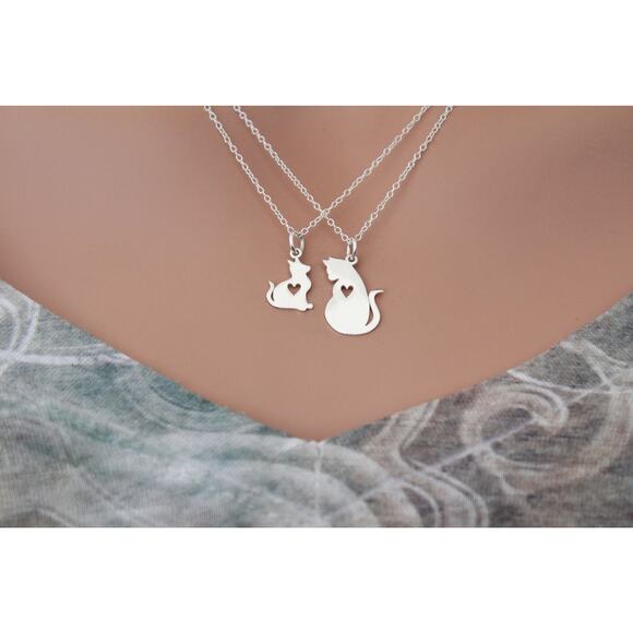 Sterling Silver Mommy and Baby Cat Charm Set Necklace - Picture 2 of 5